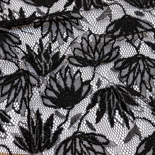 Raised Floral Blossom Lace on Black - Light weight net fabric